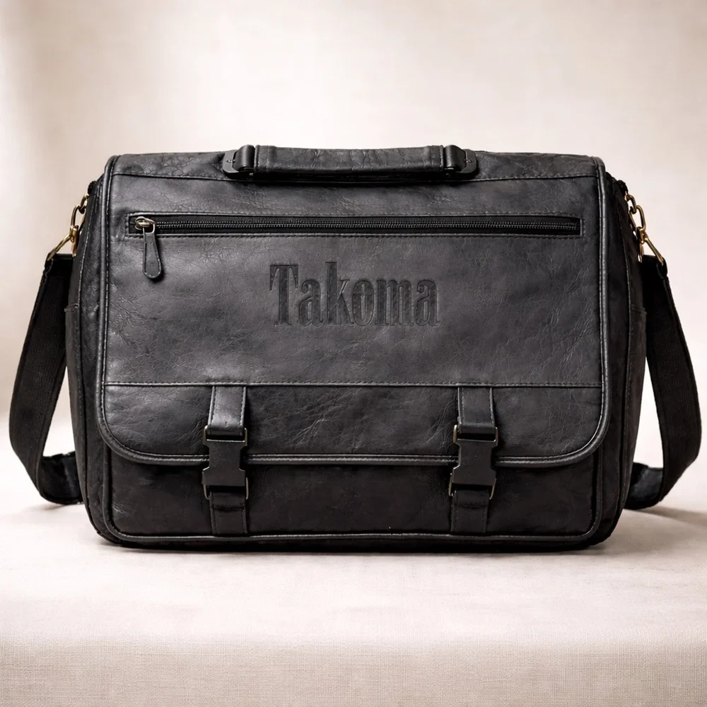 Vintage Black Leather Messenger Laptop Bag Multi Pocket Work Bag Toppers